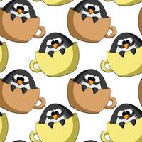 Seamless vector pattern with cute cartoon penguin in mug