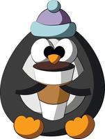 Cute cartoon Penguin with Coffee Cup. Draw illustration in color vector