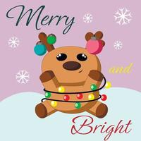 Christmas greeting postcard with character Reindeer with toys and garland vector