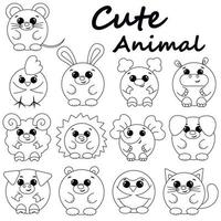 Set cute cartoon round animals. Draw illustration in black and white vector
