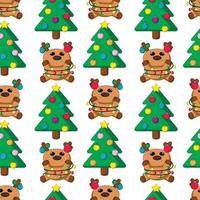 Seamless vector pattern with cute cartoon reindeer with christmas tree and garland