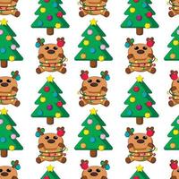 Seamless vector pattern with cute cartoon reindeer with christmas tree and garland