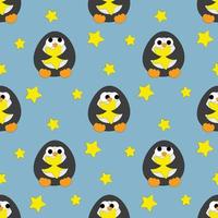 patrón de vector transparente con lindo pingüino de dibujos animados con estrellas