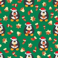 Seamless vector pattern with cute cartoon penguin and gingerbread