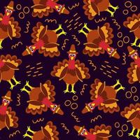 Seamless pattern with cute cartoon turkey and abstract shapes. vector