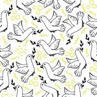 Seamless pattern with cute doodle dove and abstract shapes. vector