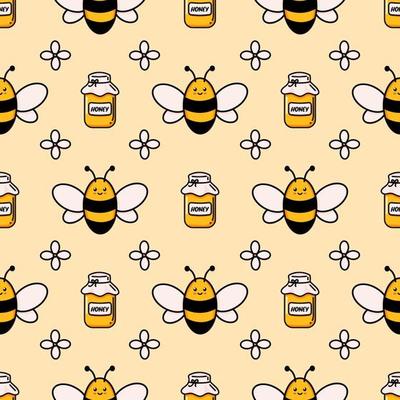 Cute honey bee seamless pattern. Vector doodle cartoon beehive, flowers and honeycombs illustration digital paper isolated on white background for kids fabric prints