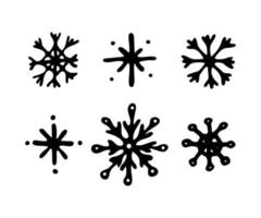 Doodle copos de nieve negro simple icono, conjunto de ilustración vectorial aislado sobre fondo blanco. vector