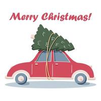 Flat vector drive red car with pine Christmas tree doodle illustration, merry Christmas, idea for greeting card, wall art, t shirt, printable apparels isolated on white