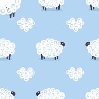 Cute sheep vector seamless pattern kids sweet dreams illustration on blue background. Baby shower background. Child drawing flat style white sheep. Kids design for fabric