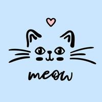 Cat cute face meow vector doodle illustration isolated on blue background with lettering meow. Children baby nursery poster.