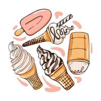 Set of ice cream icons vector doodle illustration in a circle. Kids collection of sunblind and popsicle in cone in a round shape isolated on white background