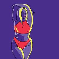 mujer con curvas en estilo de arte de línea en la ilustración de vector de fondo púrpura. atractiva chica hermosa en traje de baño o ropa interior dibujando en un estilo moderno en colores contrastantes. concepto positivo del cuerpo.