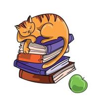 Stack of books with a sleeping red cat and an apple vector cartoon illustration on a white background. Cute kitty sleeping on books pile.Beautiful design element for different purposes,vector graphic