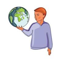 Child is holding planet in hand vector illustration isolated on white background.Little boy with earth globe in the palm of his hand.Earth day concept.Future of the Earth in the hands of children