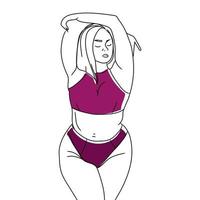 Attractive plus size woman in swimsuit or lingerie on white background vector illustration.Body positivity,health,self love and body acceptance concept.Modern healthy girl line art illustration