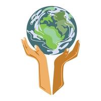 Symbol of multiracial human hands holding the globe vector illustration isolated on white background.Save planet earth concept.Unity world peace, people of the world holding a globe