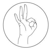 Hand gesture ok vector line art icon.Minimal design element for logo,print emblem and other things.OK sign in round frame black and white sketch