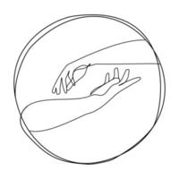 Continuous line vector illustration of two hands are attracted to each other. Simple sketch of two hands icon.Beautiful design element for print,emblem,logo.Support and help concept.Love concept