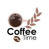 vector de taza de café negro con hojas y frijoles, vista superior. logotipo de la hora del café