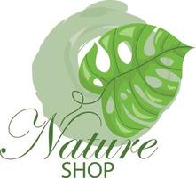 nature shop logo with monstera leaf pattern with susana in the forest. vector