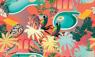 Tropical pattern with swimming pools, palms, birds, plants, and other botanical elements. Tropical pattern for textiles and decoration vector