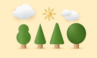 unique 3d four tree cloud and sun plant ecology bio natural design icon isolated on vector