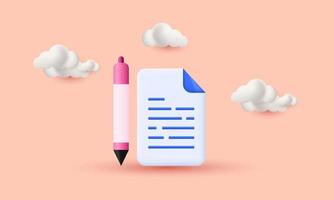 unique cartoon style minimal cute document pencil 3d icon isolated on vector