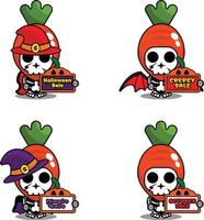 Halloween pumpkin party design sale board, vegetable skull costume vector illustration