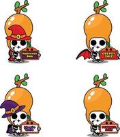 Halloween pumpkin party design sale board, vegetable skull costume vector illustration