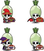 Halloween pumpkin party design sale board, vegetable skull costume vector illustration