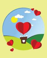 Red balloon flying in the sky above green meadows. cute children  background vector