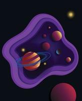 cartoon drawing of a group of planets and stars swimming in the vast space. vector