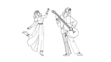 pareja hippie bailando y tocando en vector de guitarra