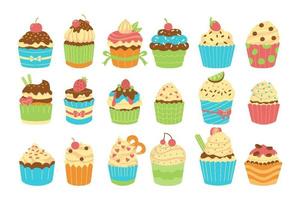 conjunto de adorables colecciones de cupcakes y muffins vectoriales. imágenes prediseñadas, iconos de símbolos. pastelería de postre. delicioso y sabroso. vector
