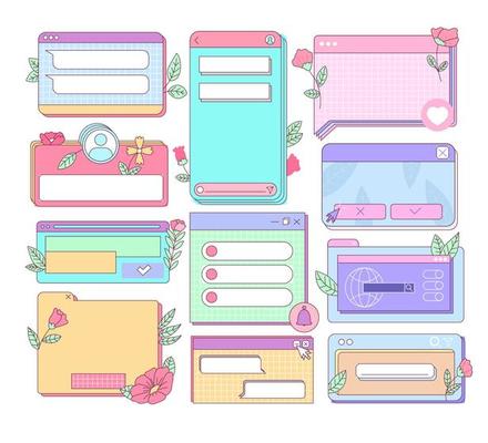 Isolated Vintage Retro Social Media templates, UI Frames and elements pop up window, search bar, countdown, pop up, quiz and question interface with pink purple vivid color