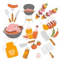 elementos de barbacoa establecen ilustración plana vectorial. colección de equipos de barbacoa para cocinar barbacoa - parrilla, brocheta, salchichas, pescado, condimentos, pollo y carne aislados en blanco vector