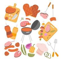Barbecue elements set vector flat illustration. Collection of barbeque equipment for cooking bbq - grill, skewer, sausages, fish, seasonings, chicken and meat isolated on white