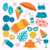 Vintage Set of cute summer icons element collections, food, drinks, palm leaves, fruits and flamingo. Bright summertime poster. Collection of scrapbooking elements for beach party.
