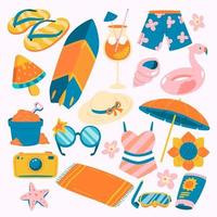 Vintage Set of cute summer icons element collections, food, drinks, palm leaves, fruits and flamingo. Bright summertime poster. Collection of scrapbooking elements for beach party. vector