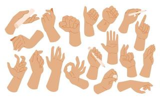 Left Hands poses Gesture. holding and pointing gestures, fingers crossed, fist, peace and thumb up. Cartoon human palms and wrist vector set. Communication or talking for messengers. Lefthanders Day