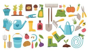 Hand drawn doodle set of Gardening icons Elements Tools or Equipments, Vector illustration set. scissors, boots, hedge, shears, hedge shears, fork, rake, grass, watering can, wheelbarrow.