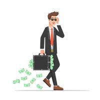 A young businessman carrying excessive money in his suitcase vector