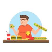 Fat man who likes to eat fast food vector