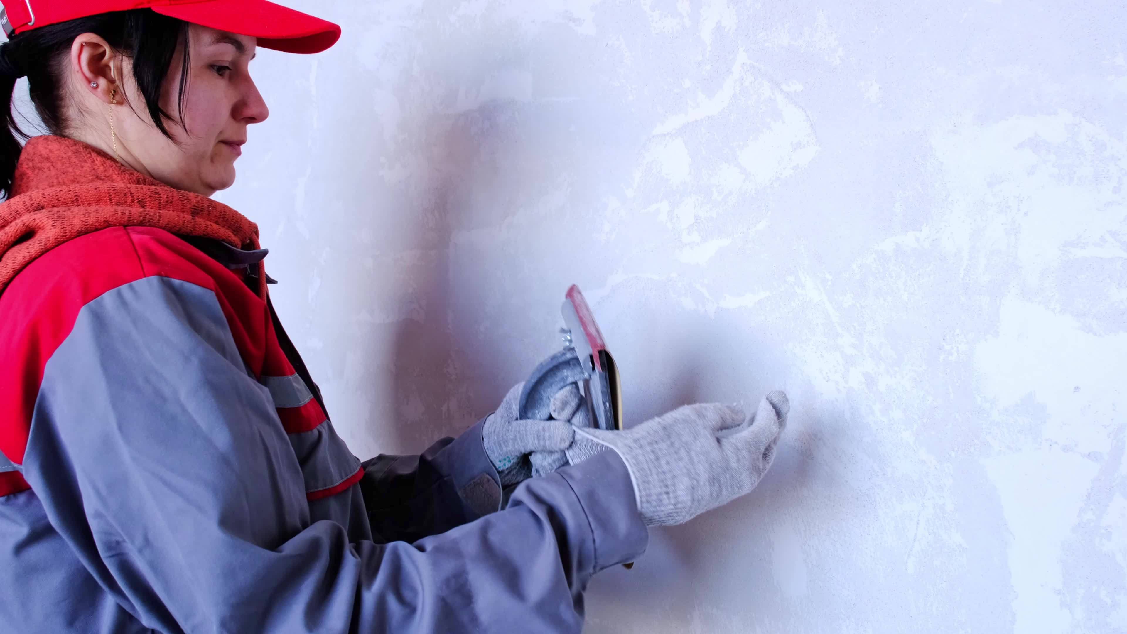 Sanding of walls with sandpaper after treatment with dry building mixes