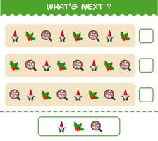 What's comes next educational game of cartoon christmas. Find the regularity and continue the row task. Educational game for pre shool years kids and toddlers vector