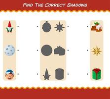 encuentra las sombras correctas de la navidad de dibujos animados. juego de búsqueda y combinación. juego educativo para niños y niños pequeños en edad preescolar vector