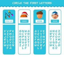 Circle the first letters of cartoon christmas. Matching game. Educational game for pre shool years kids and toddlers vector