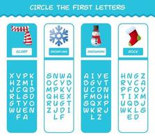 encierra en un círculo las primeras letras de dibujos animados de navidad. juego de correspondencias. juego educativo para niños y niños pequeños en edad preescolar vector