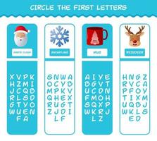 Circle the first letters of cartoon christmas. Matching game. Educational game for pre shool years kids and toddlers vector